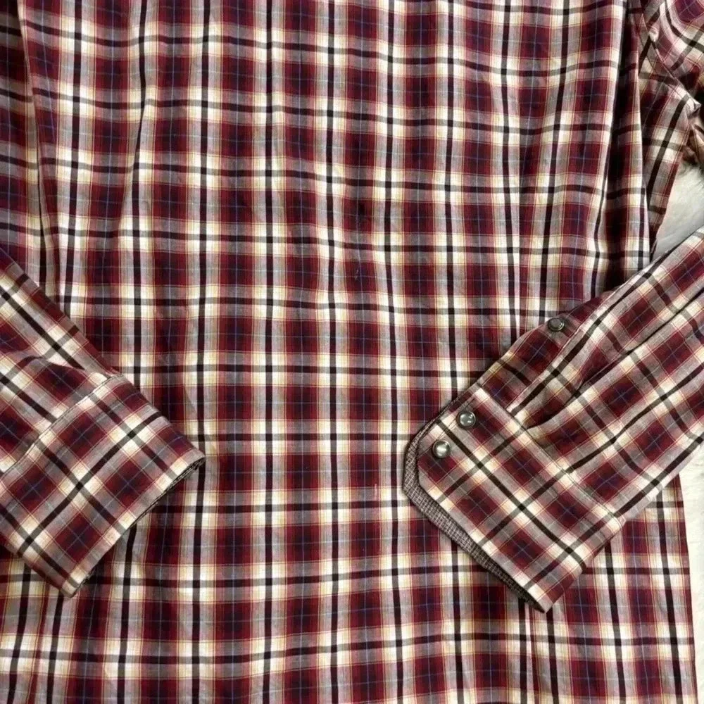 Banana republic slim fit red brown blue plaid pearl button western shirt Large